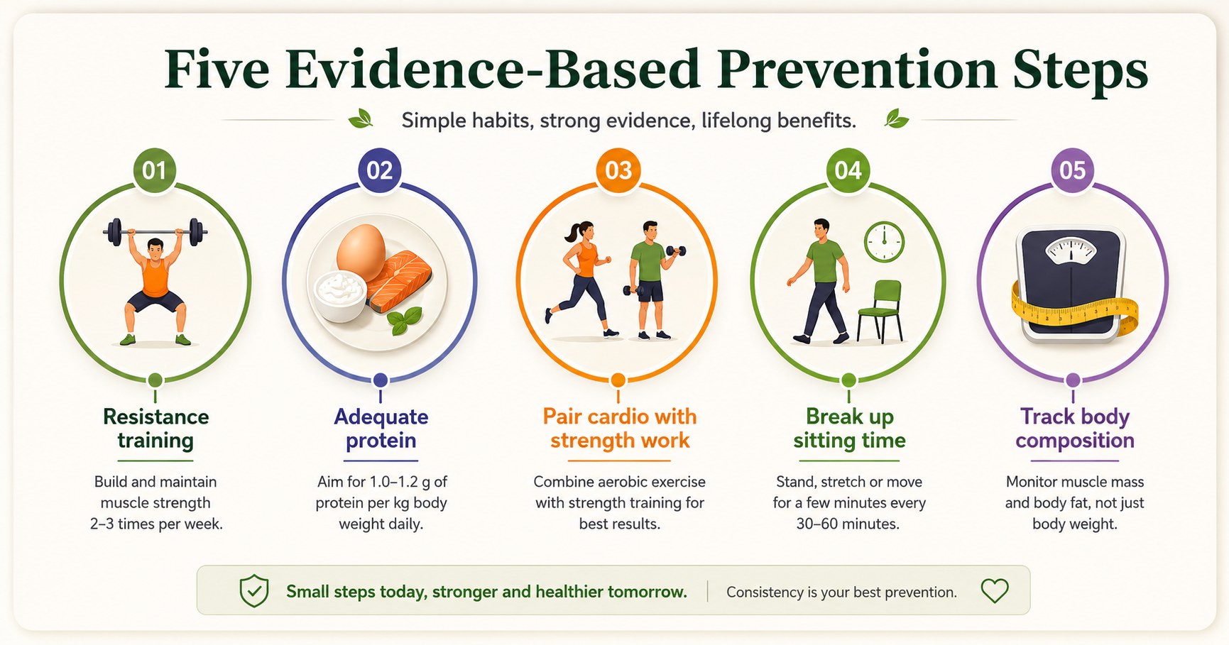 Five evidence-based prevention steps: resistance training 2-3 times per week, adequate protein at 1.0-1.2g per kilogram body weight daily, pairing cardio with strength work, breaking up sitting time every 30-60 minutes, and tracking body composition rather than just body weight