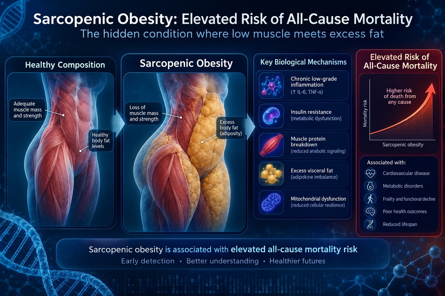 Infographic comparing healthy body composition to sarcopenic obesity, showing loss of muscle mass and excess visceral fat. Key biological mechanisms: chronic low-grade inflammation, insulin resistance, muscle protein breakdown, excess visceral fat, and mitochondrial dysfunction. These are linked to elevated risk of all-cause mortality and associated with cardiovascular disease, metabolic disorders, frailty and functional decline, poor health outcomes, and reduced lifespan.